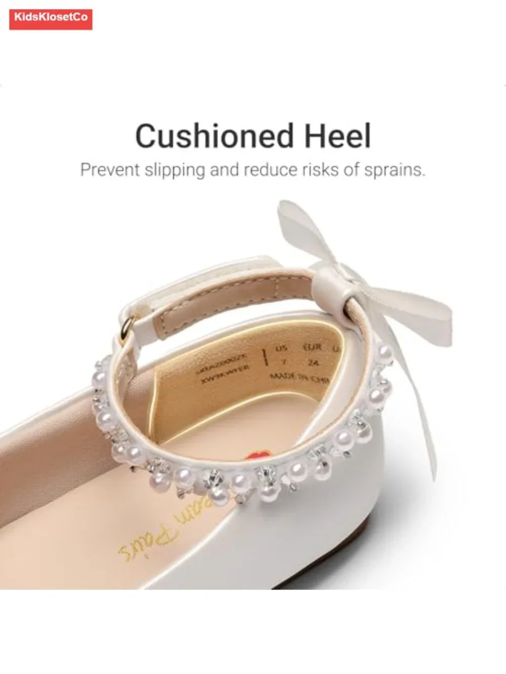 Toddler Girl Mary Jane Ballet Flat Shoes with Pearl Ankle Strap & Satin Bow